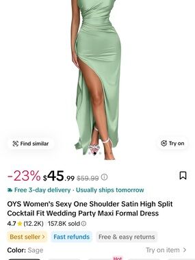 Sage One-Shoulder Satin High-Slit Dress